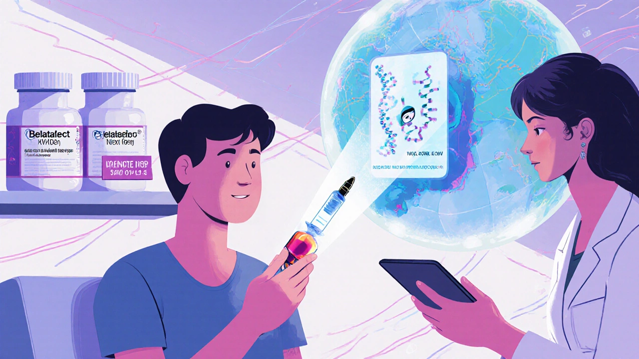 A futuristic clinic with a weekly tacrolimus injection and genetic hologram, symbolizing advanced personalized transplant care.