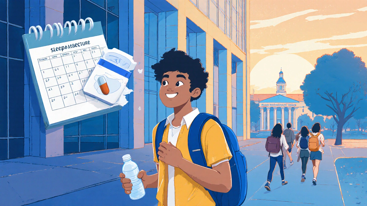 Alert student walking to an 8 AM class on campus, sunrise background, showing consistent schedule.