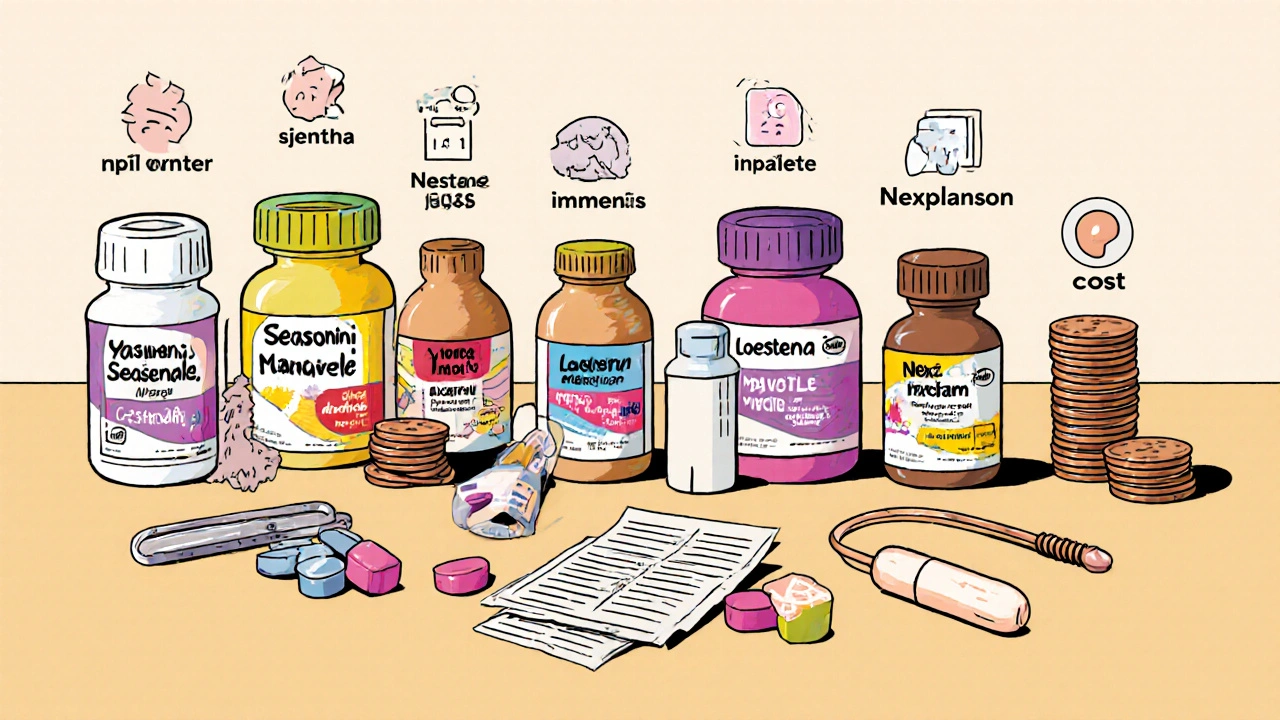 Array of birth‑control pills, IUDs and implant displayed on a table with visual cues for cycles and benefits.