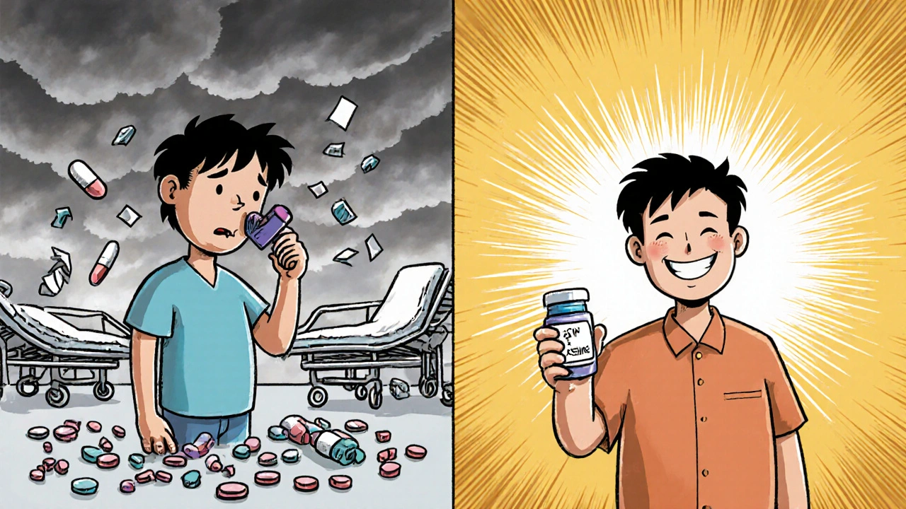 Before-and-after comparison of an AERD patient: struggling vs. breathing easily with daily aspirin.