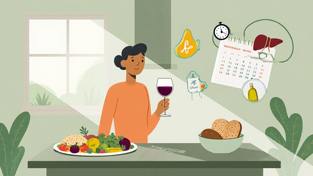 Cartoon guide of a person with a wine glass, Mediterranean food, and health check icons.
