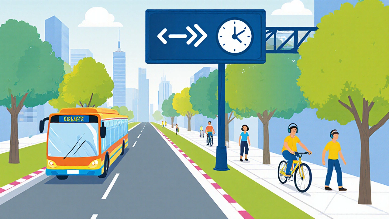 City scene with buses, cyclists, green streets and tech showing smoother traffic.