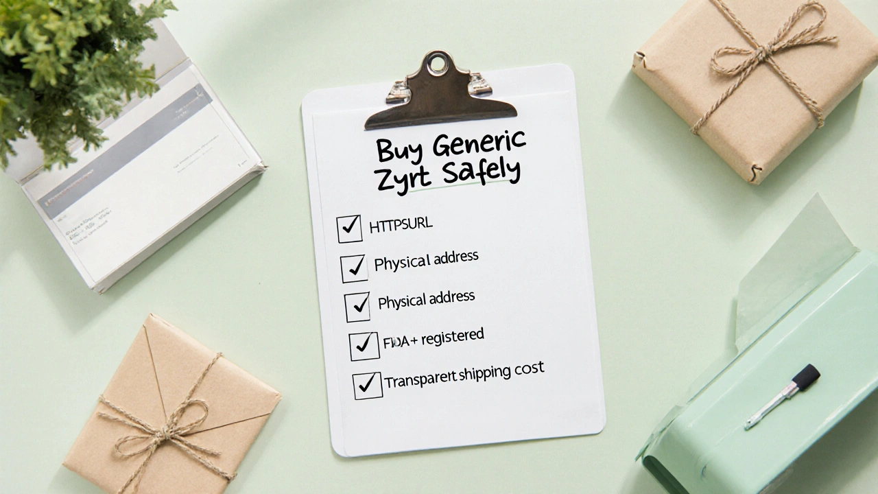 Clipboard with a checklist for safe Zyrtec purchase, surrounded by mailbox and parcel.