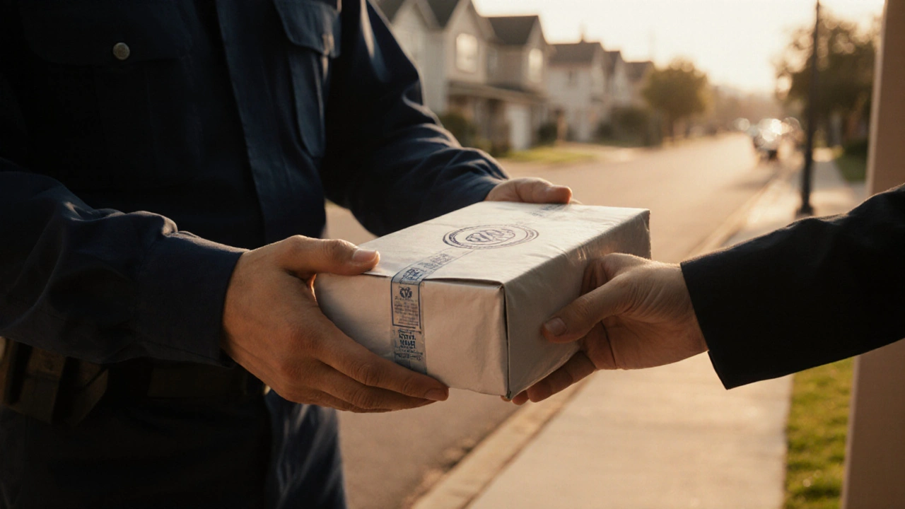 Courier delivering a sealed medication package on a doorstep in warm morning light.