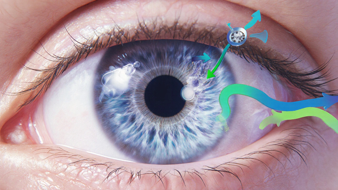 Cross‑section of an eye showing fluid outflow pathways with a highlighted prostaglandin molecule.