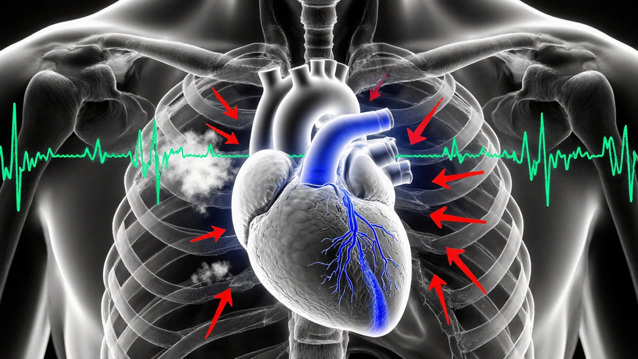 Cutaway view of scarred heart showing toxicity, edema, and arrhythmia signals in high contrast.