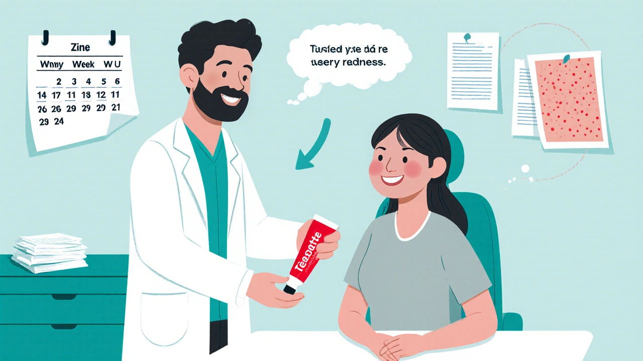 Dermatologist giving Tenovate to patient with a calendar illustrating a 2‑4 week taper schedule.