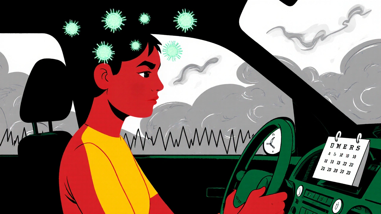 Driver in a car surrounded by stress symbols and polluted air in a comic illustration.