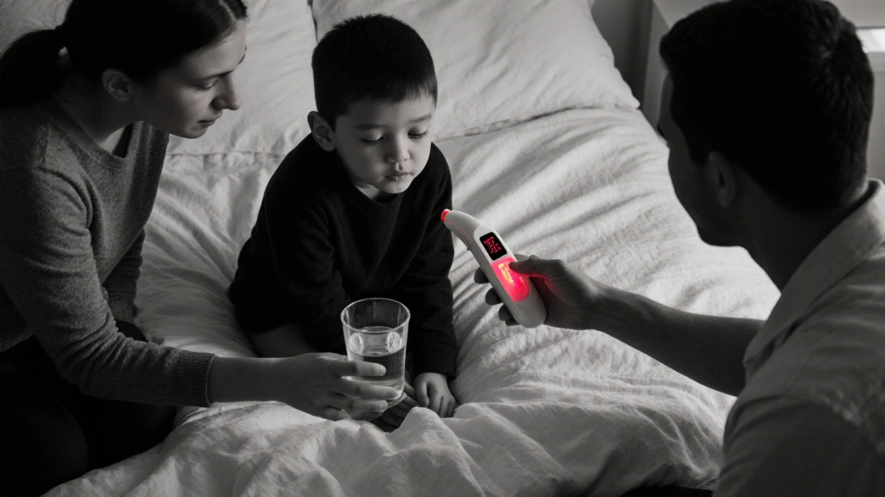 Family caring for a feverish child, red thermometer glow highlights home care.