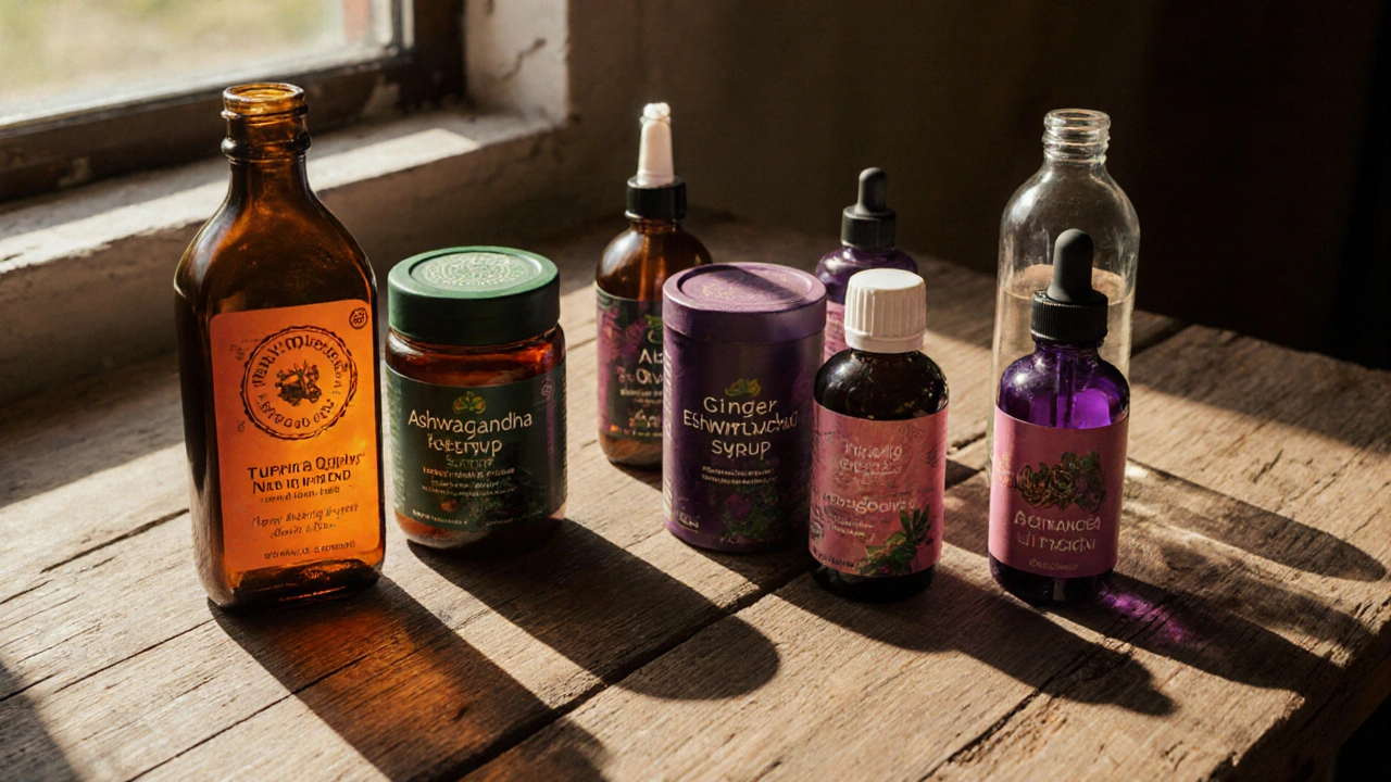 Flat‑lay of supplement bottles on wood: Purim, turmeric, neem, ashwagandha, elderberry, echinacea, ginger, vitamin C.