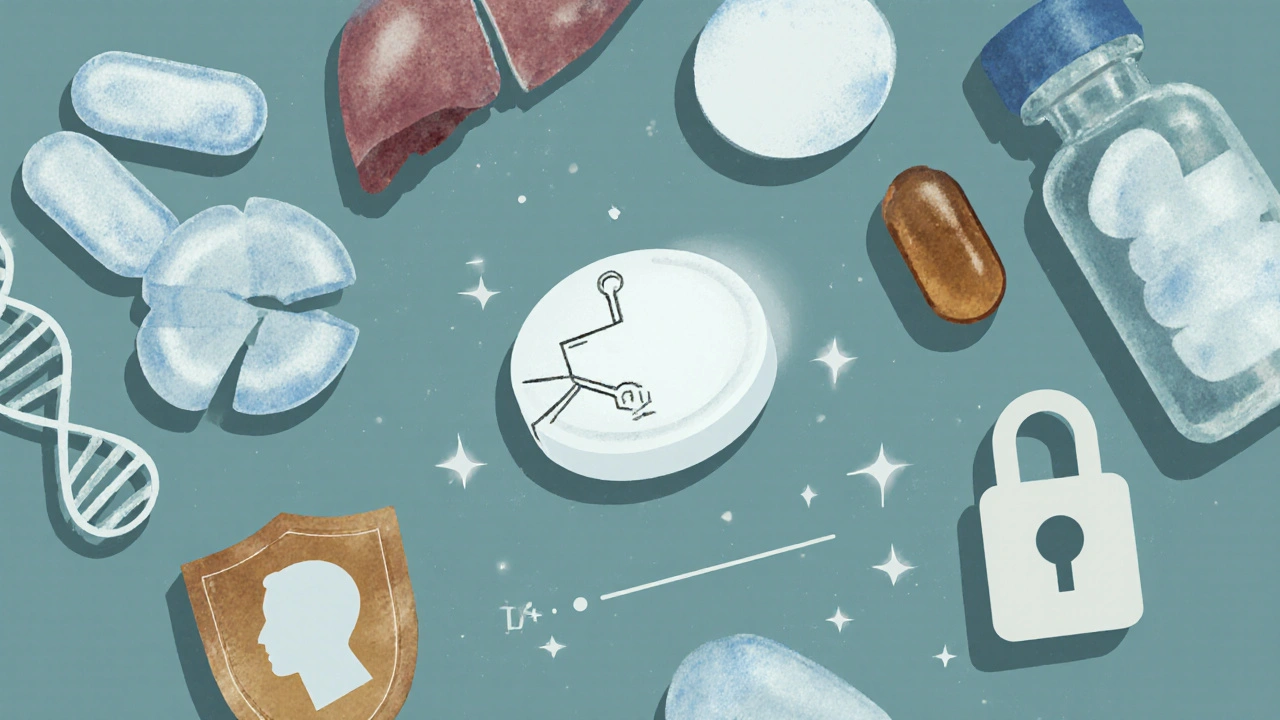 Flat‑lay of various medication bottles and symbols representing their mechanisms.