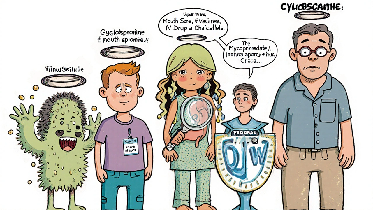 Four cartoon immunosuppressants with exaggerated side effects, compared beside Prograf, as a patient weighs options.