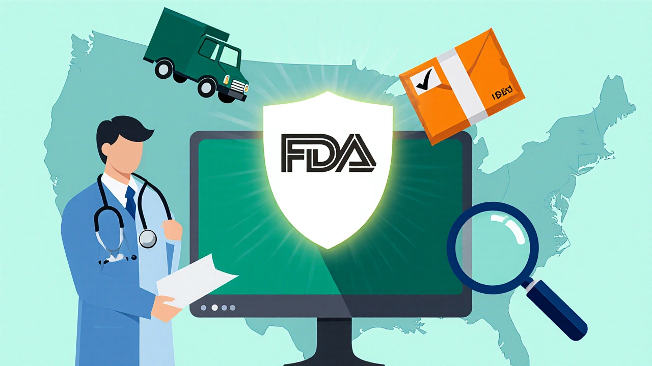 Illustration of a laptop screen with a shield icon and a pharmacist silhouette, symbolizing a safe online pharmacy.