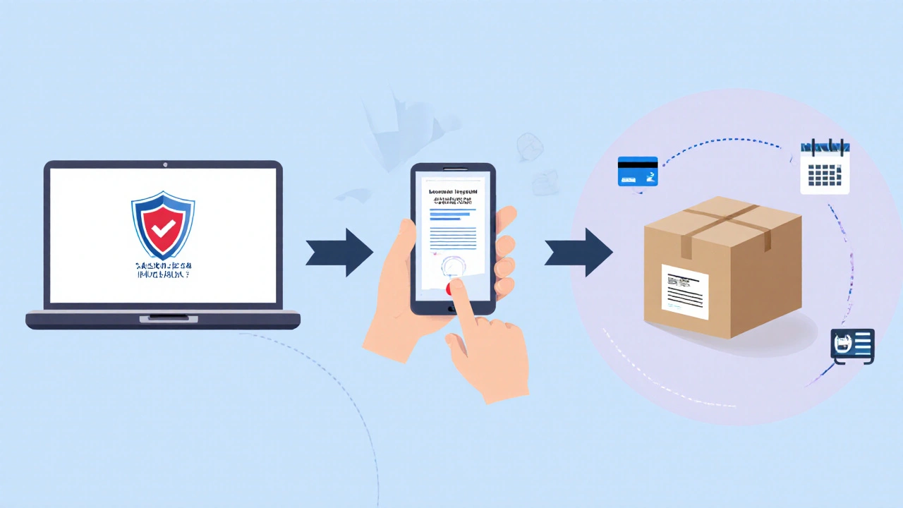 Illustration of laptop shield, phone uploading prescription, and delivery box.