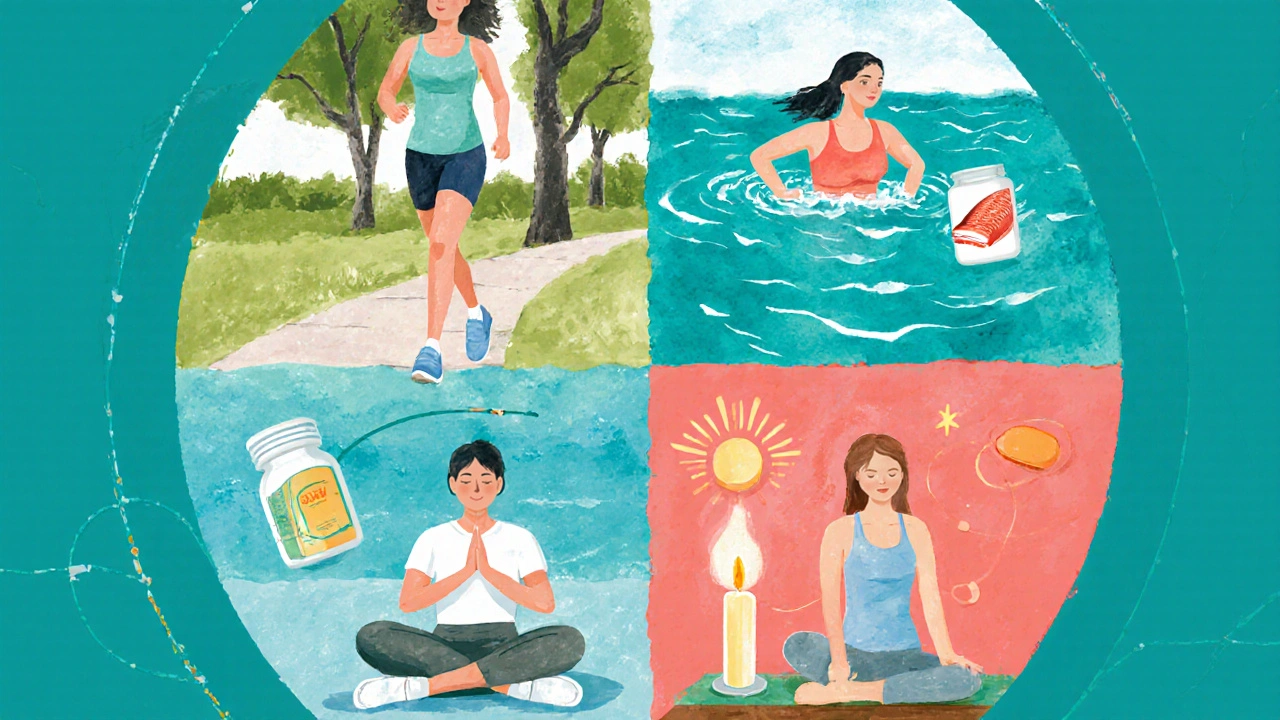 Illustration of walking, swimming, resistance training, and yoga with food and supplement icons.