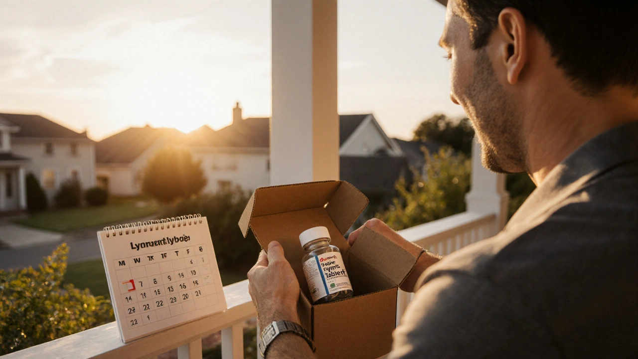 Man opening a delivery box with a bottle of generic thyroid medication on a porch.