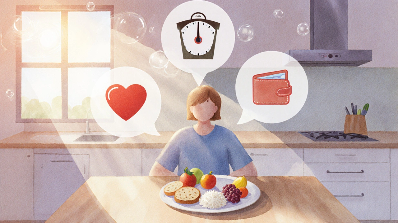 Patient at kitchen table weighing heart, weight, and cost symbols, with bubbles indicating gas.