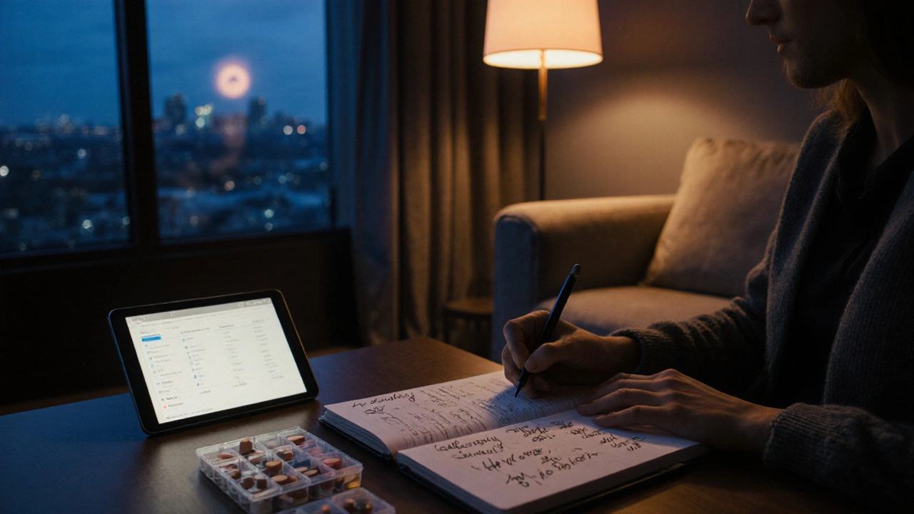 Patient reviews a checklist and pill organizer at home in a warm evening setting.