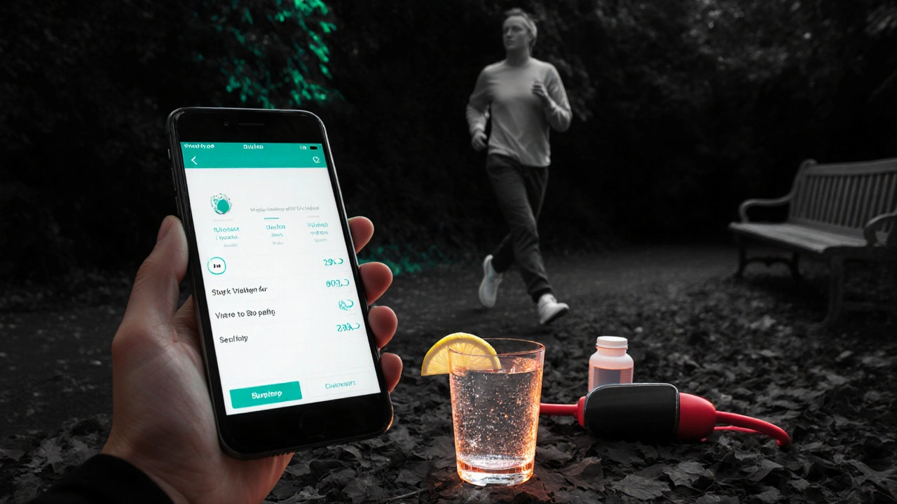Patient tracks drinks on phone, holds sparkling water, walks on path, with meds nearby.