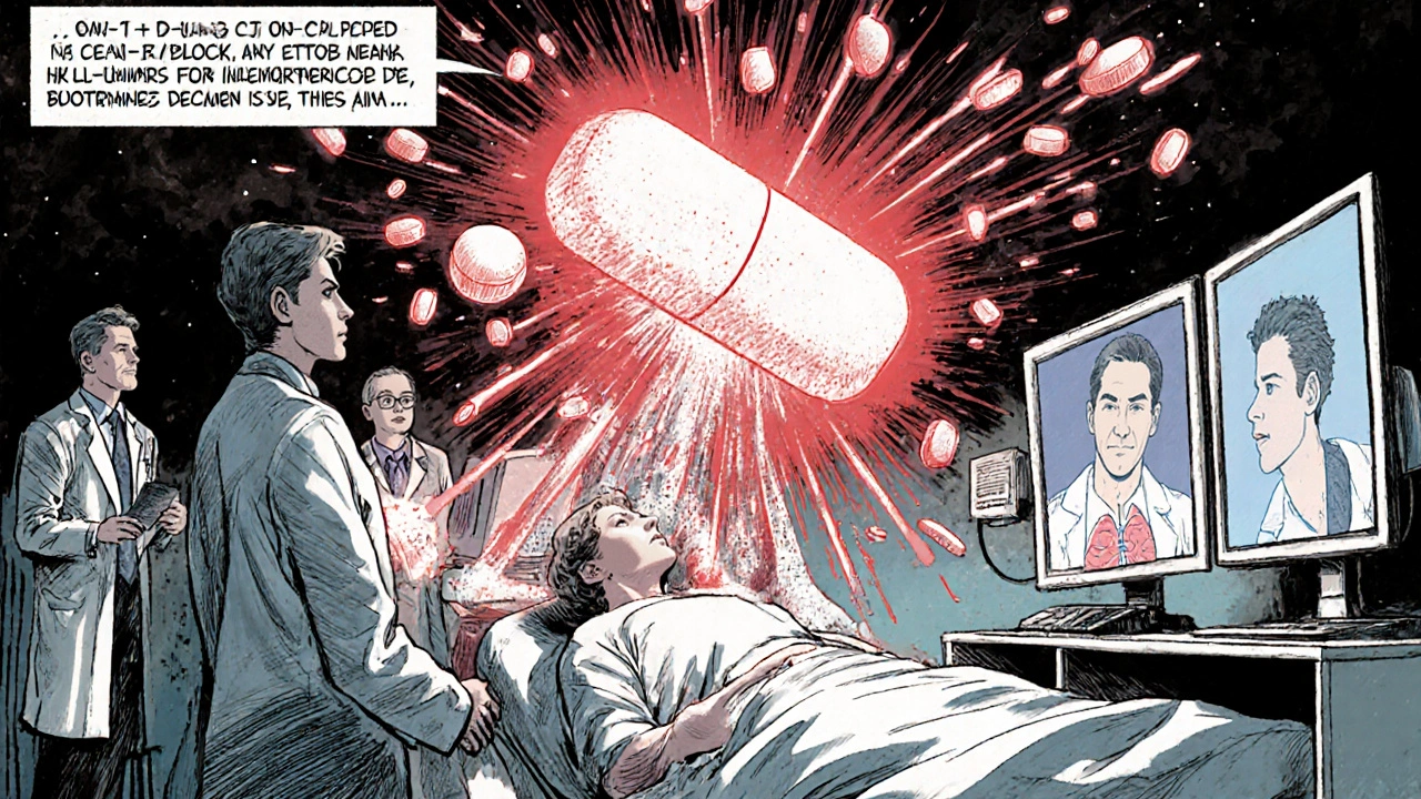 Patient undergoing aspirin desensitization in a hospital, with a glowing COX-1 enzyme being blocked by a tablet.