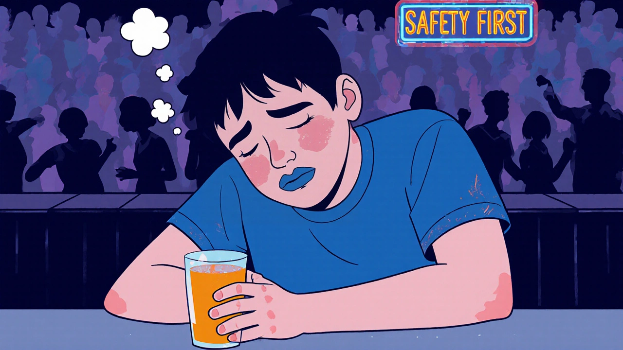Person at a bar looking drowsy, wobbling, with blue‑tinged lips and shallow breathing.