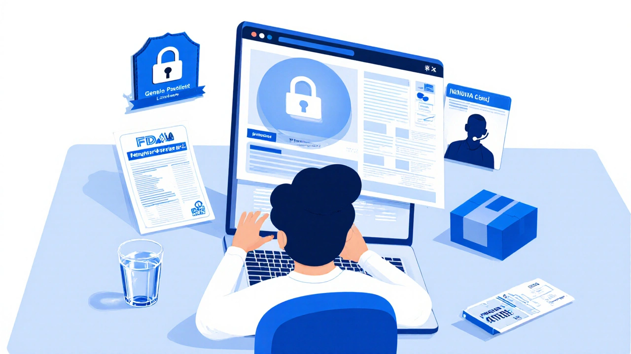 Person checking a secure online pharmacy site on a laptop with a padlock and pharmacist icon.