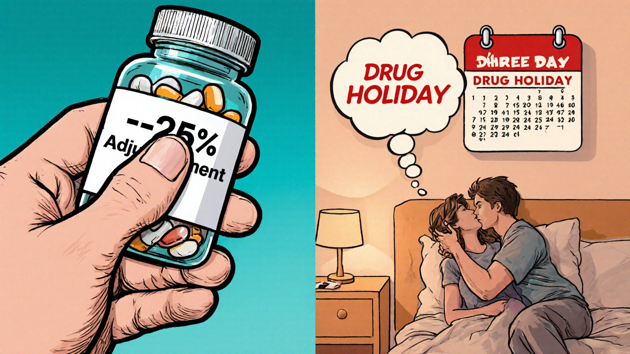 Pill bottle with reduced dose and a calendar marking a drug holiday before intimacy.