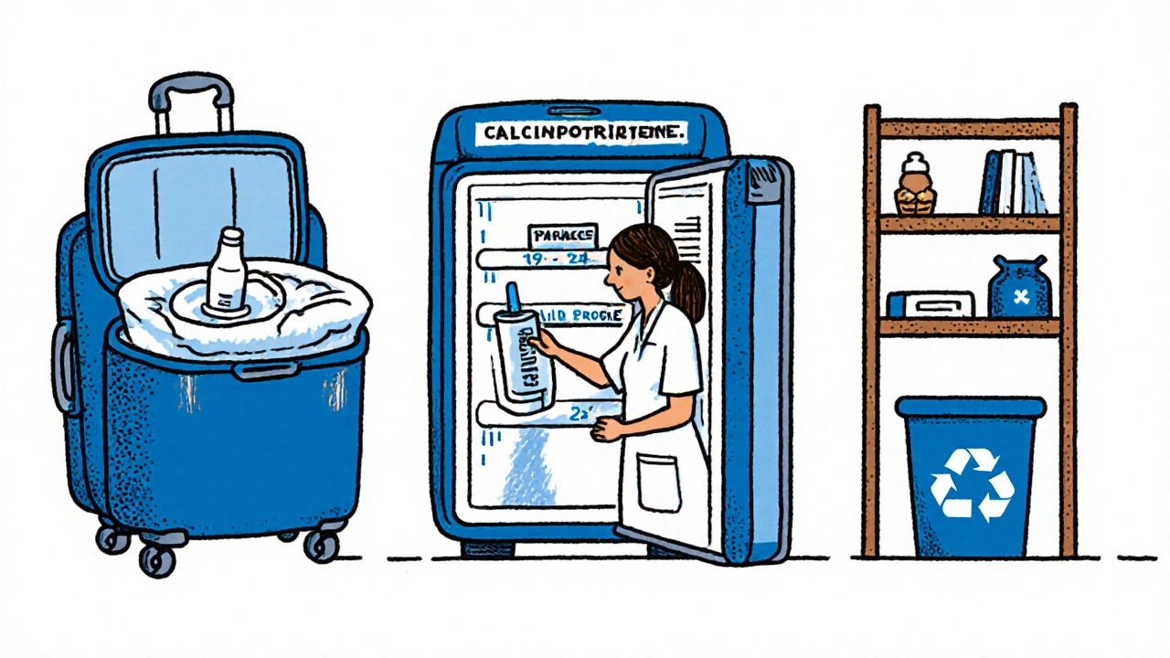 Scene showing travel pouch, hospital fridge, and high‑shelf storage for calcipotriene.