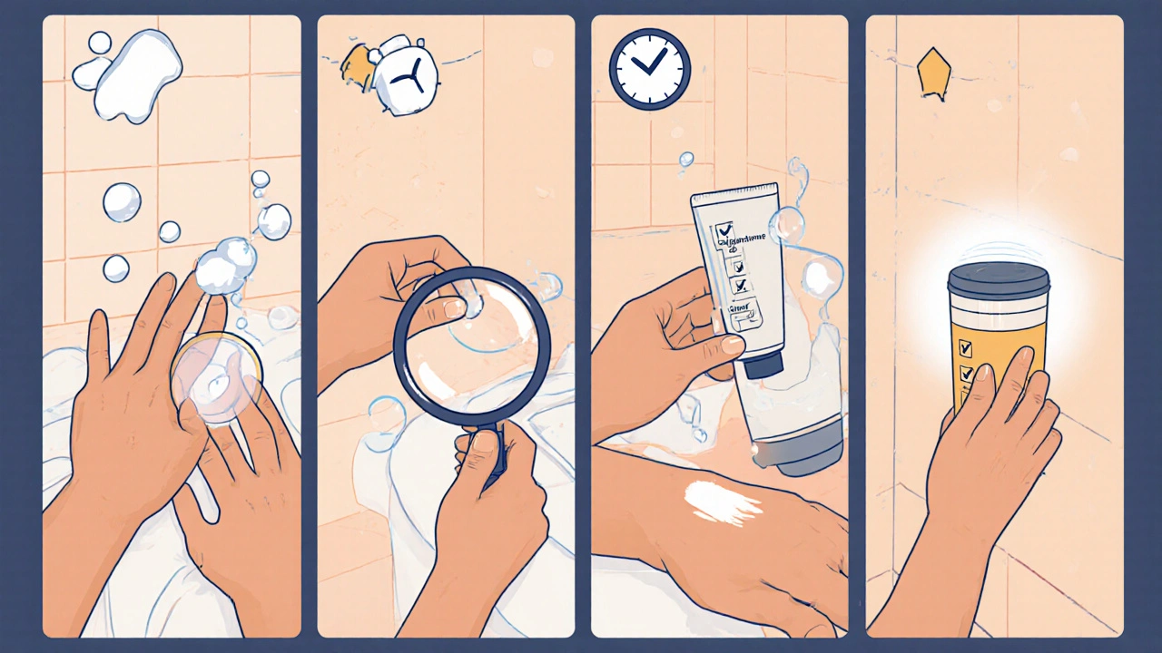 Sequence of a person washing hands, inspecting, applying, and resealing calcipotriene cream.