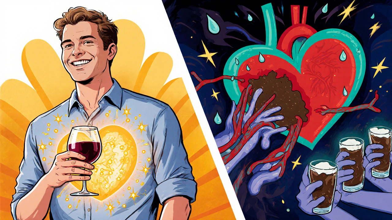 Split cartoon panel: moderate drinker with healthy heart versus binge drinker with stressed arteries.