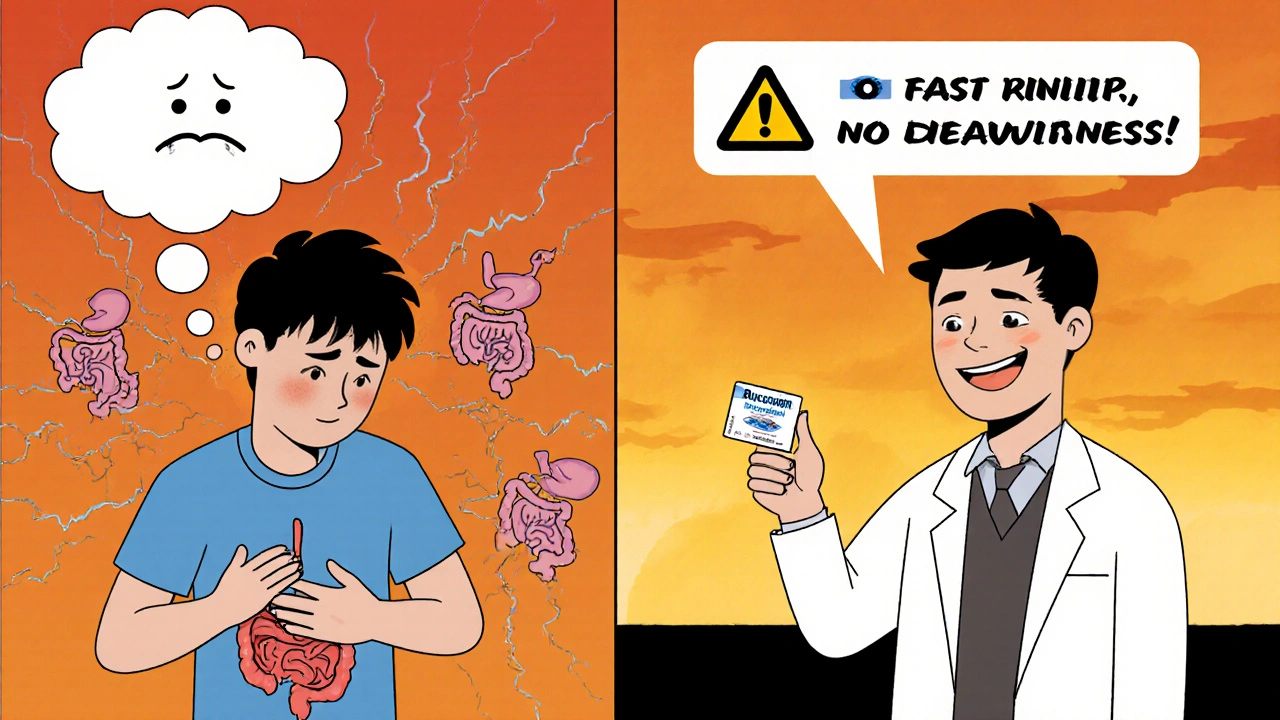 Split comic shows before and after relief from abdominal cramps after taking the tablet.