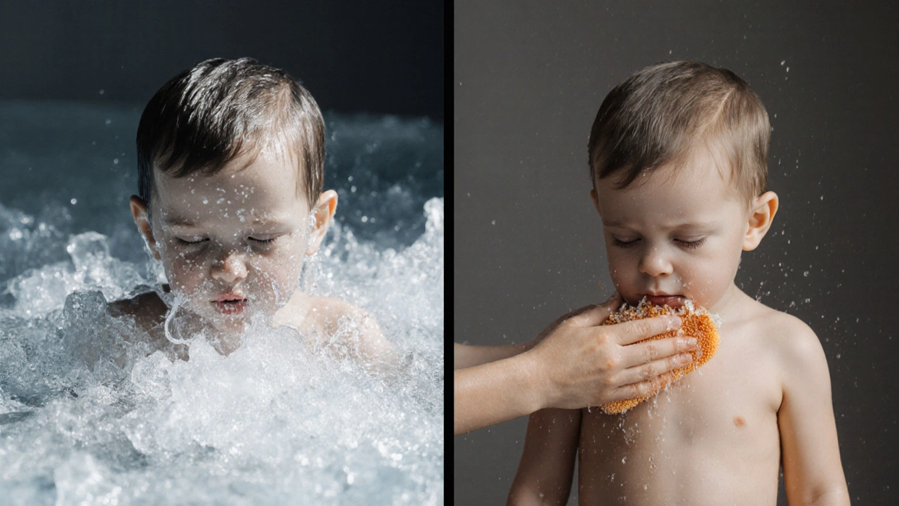 Split scene: child in icy bath versus child with lukewarm sponge, showing fever care myths.