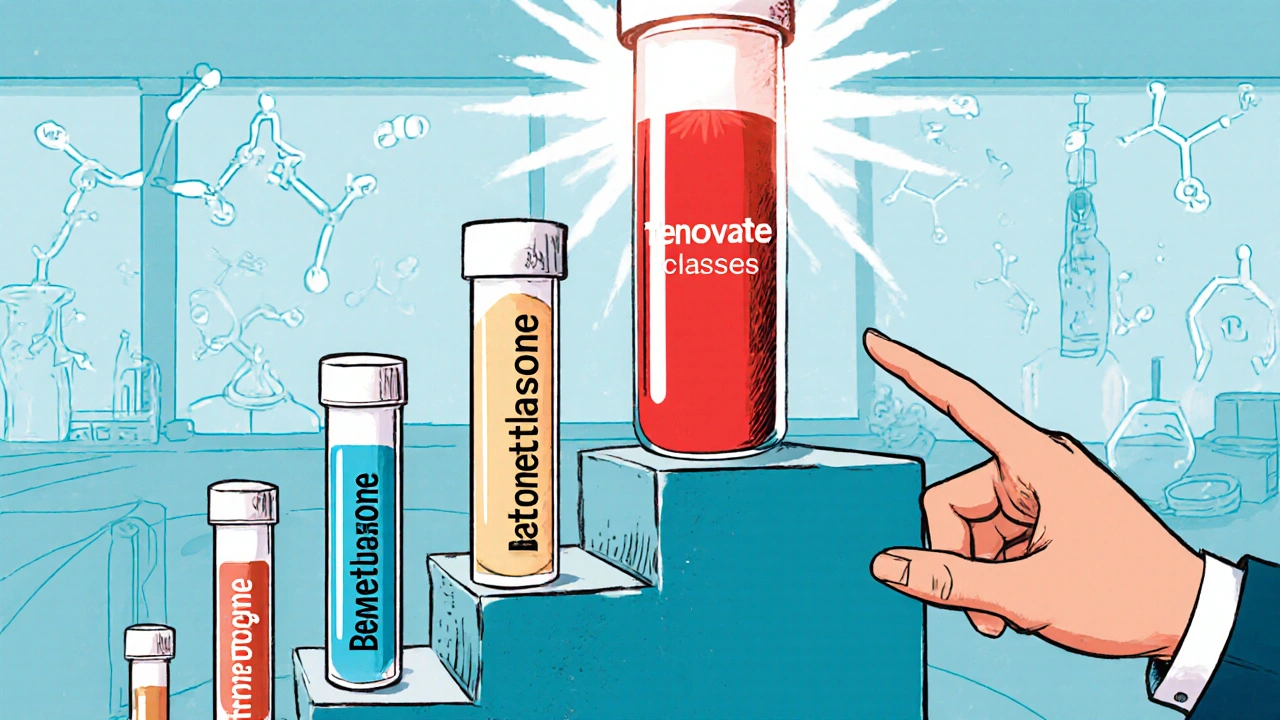 Staircase of steroid cream tubes showing Tenovate at the top and lower‑potency options below.
