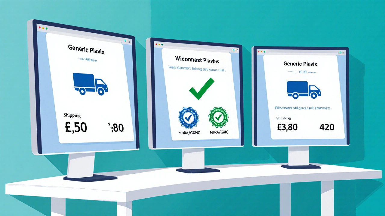 Three computer screens showing generic Plavix product cards with price, shipping, and verification icons.