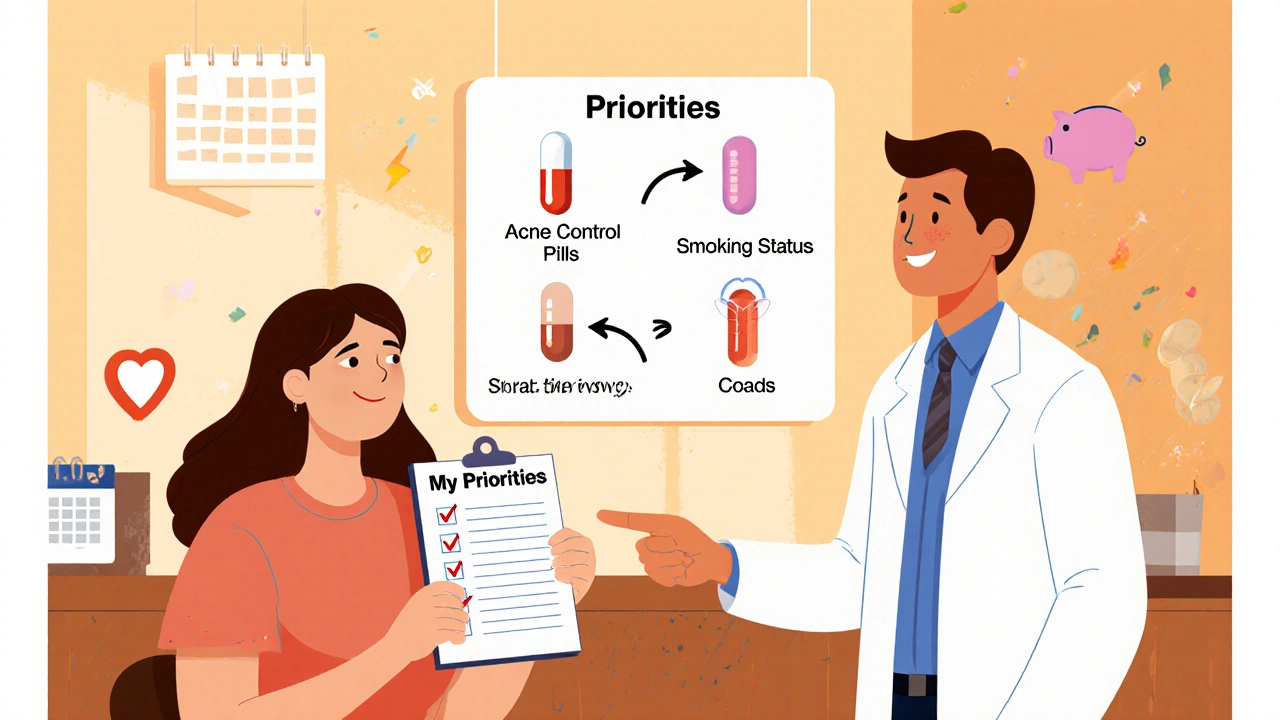Woman and doctor discussing contraceptive options, surrounded by checklists and cost symbols.