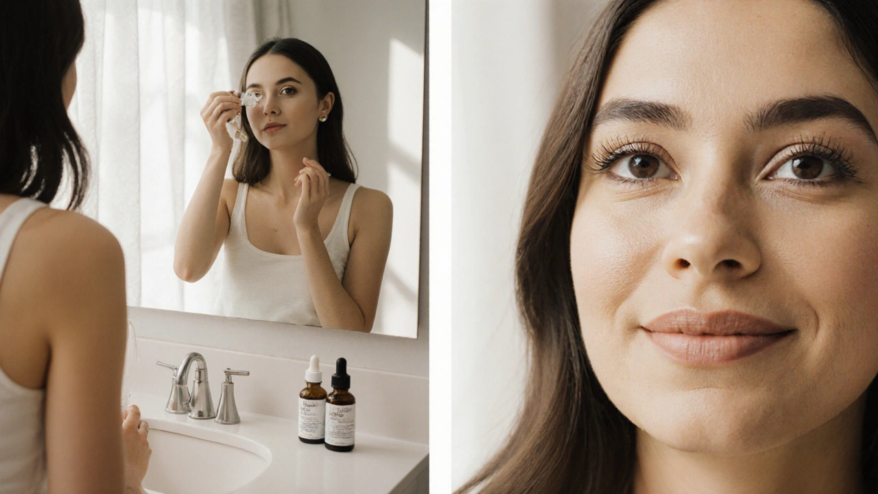 Woman applying eye drops at a bathroom mirror, later shown with longer, fuller eyelashes.