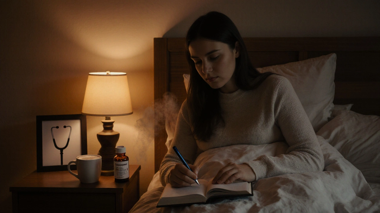 Woman writing in diary with medication bottle and cooling pillow at bedside.