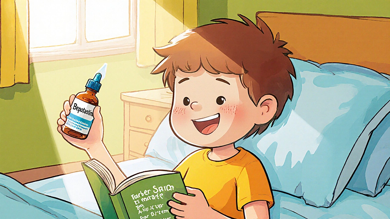 A child happily reading with clear eyes, holding a bepotastine eye drop bottle.