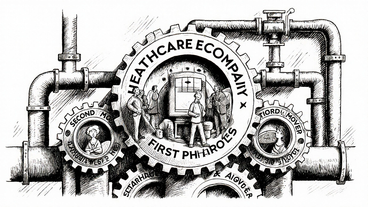 A complex gear system driven by the first generic company, with smaller gears spinning uselessly behind.