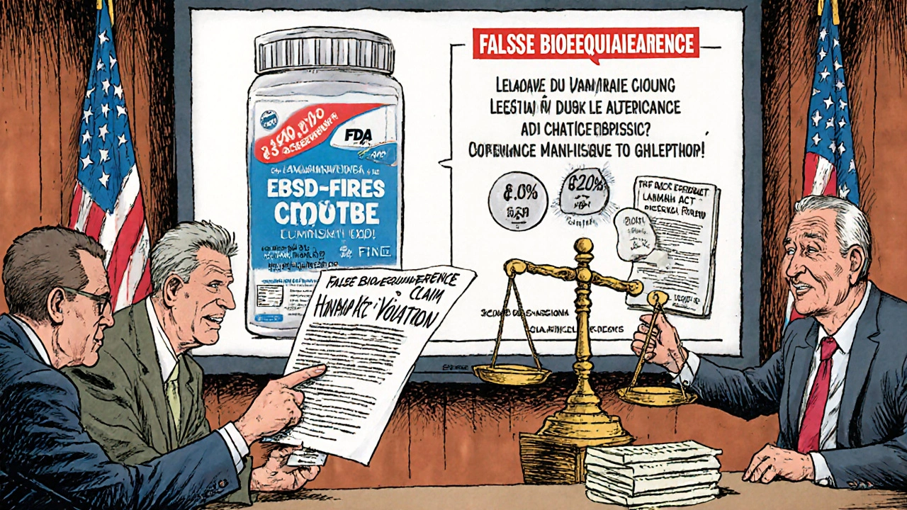 A courtroom scene with a fake generic drug ad on screen, FDA officials pointing at legal violations, and fines piling up.