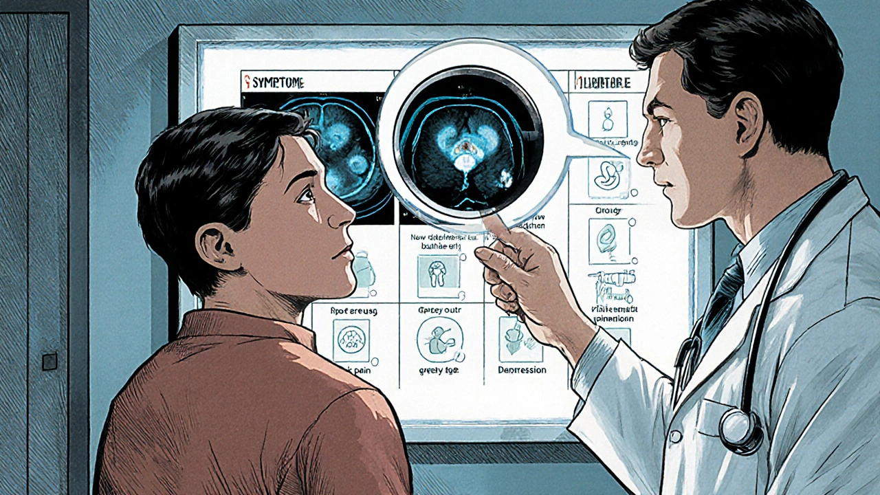 A doctor examines an MRI scan showing a pancreatic tumor, while a patient&#039;s chart displays related symptoms like diabetes and back pain.