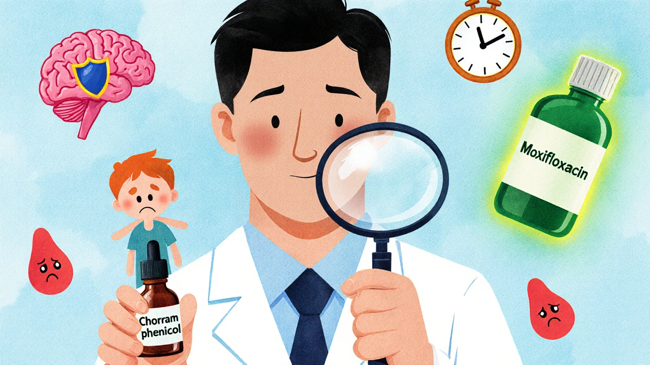 A doctor examining an eye drop with chloramphenicol while a patient watches nervously.