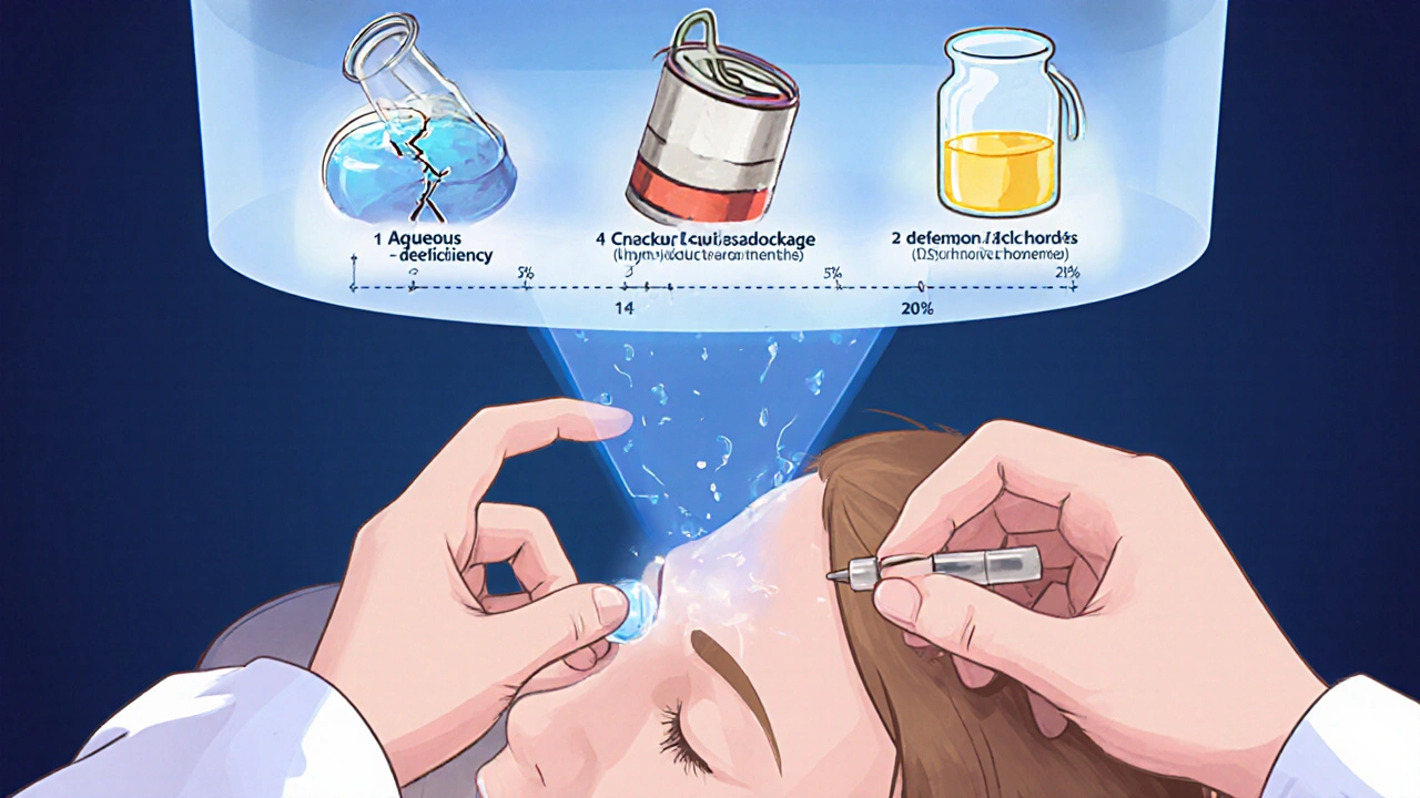 A doctor inserting a tear duct plug with visual metaphors of dry eye causes and healing progress above.
