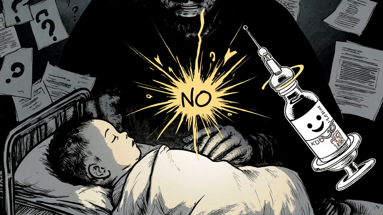 A neonatal incubator scene with a dangerous syringe being blocked by a safe antibiotic alternative.