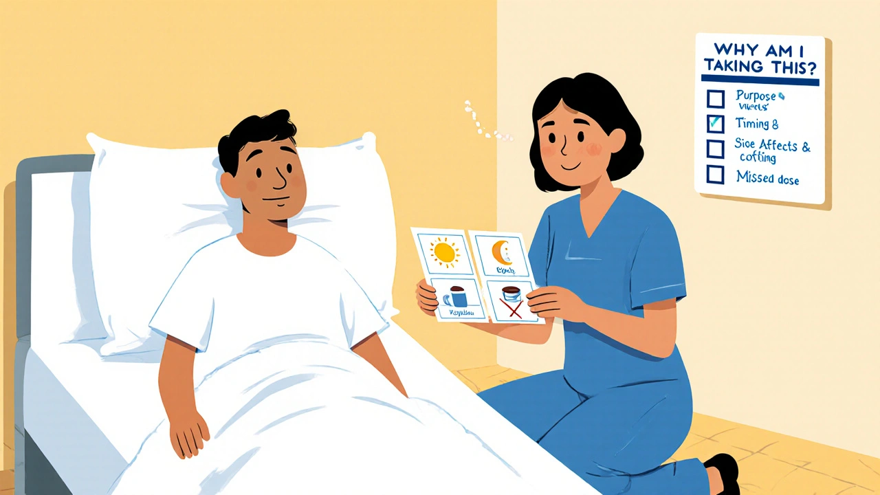 A patient in a hospital asking a nurse about their medication, shown with illustrated care instructions on a card.