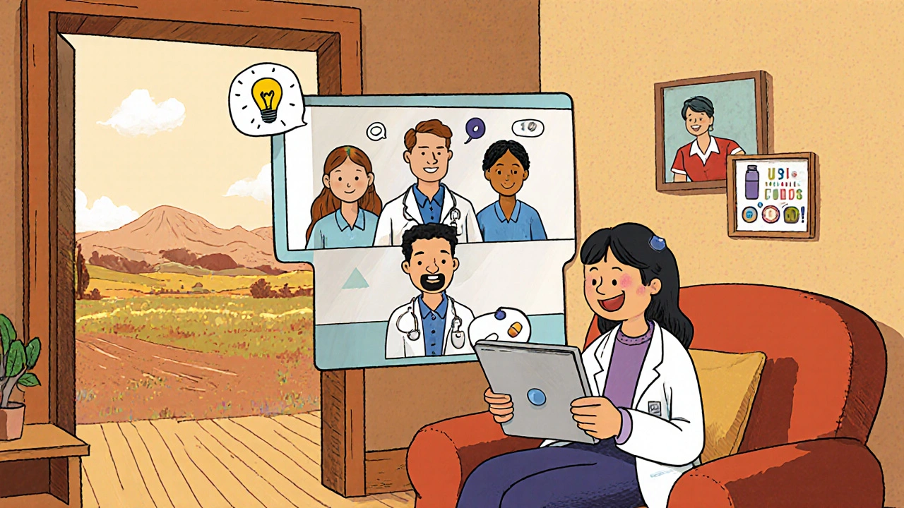 A patient in a rural home consults a pharmacist via video call, with a virtual care team visible on screen.