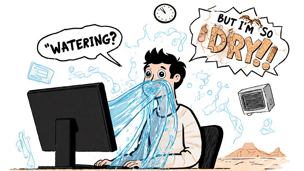 A person at a screen with watery tears but dry eyes, surrounded by icons of digital strain and climate factors.