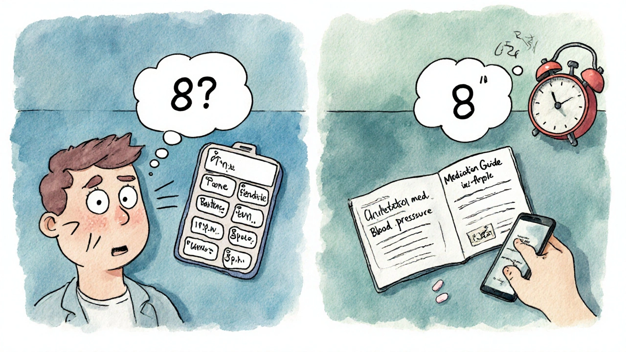 A person correctly labeling a pill organizer with clear times and purposes, next to a medication guide and phone alarm.