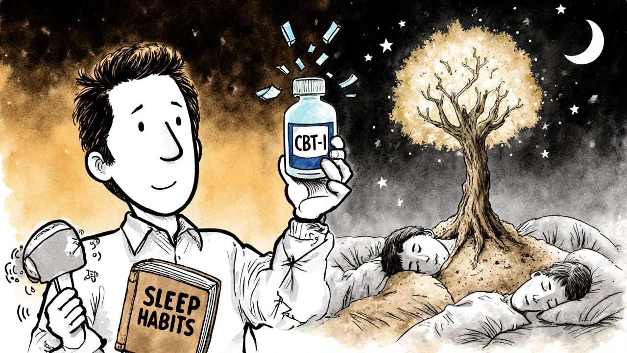 A person discarding a harmful pill as a healthy sleep therapy figure grows beside them.