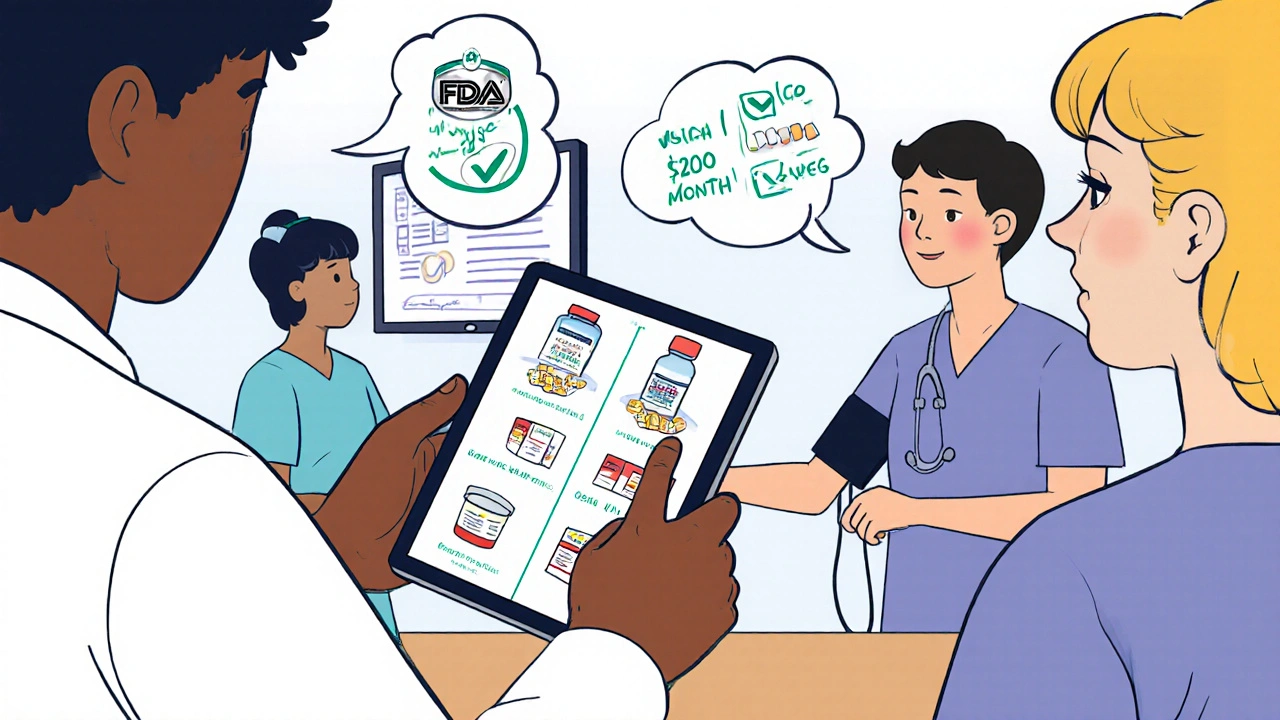 A pharmacist explains generic vs brand-name drugs to a patient using a tablet with cost savings shown.